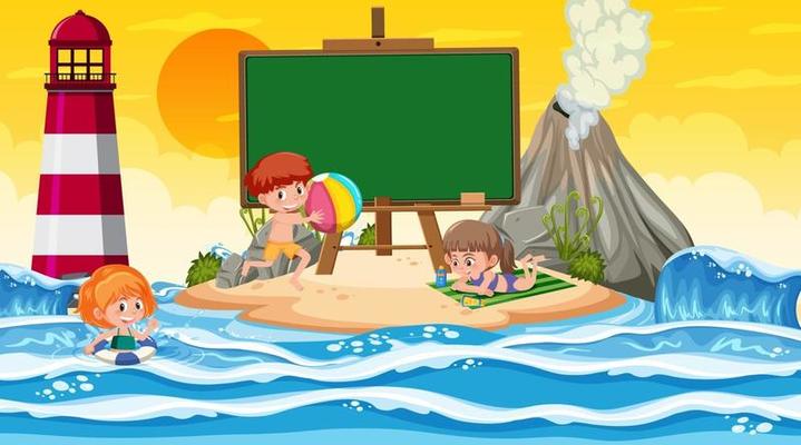 Empty banner template with kids on vacation at the beach sunset scene