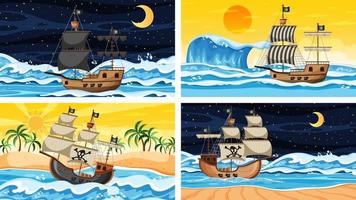 Set of Ocean with Pirate ship at different times scenes  in cartoon style vector