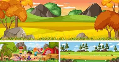 conjunto de paisaje panorámico al aire libre con personaje de dibujos animados vector