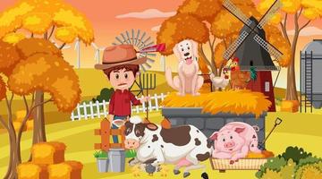 Farm scene with a farmer cartoon character and farm animals vector