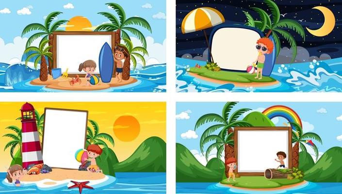 Set of different tropical beach scenes with blank banner