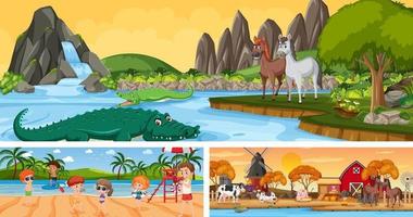 Outdoor panoramic landscape scenes set with cartoon character vector