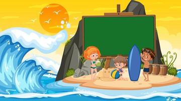 Plantilla de banner vacío con niños de vacaciones en la escena del atardecer en la playa vector