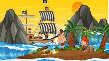 escena de la isla del tesoro al atardecer con niños piratas vector