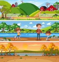 conjunto de paisaje panorámico al aire libre con personaje de dibujos animados vector