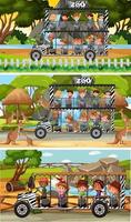 Set of different safari horizontal scenes with animals and kids cartoon character vector