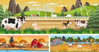 Set of different outdoor landscape scenes with cartoon character vector