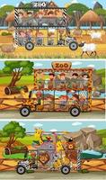 Set of different safari horizontal scenes with animals and kids cartoon character vector