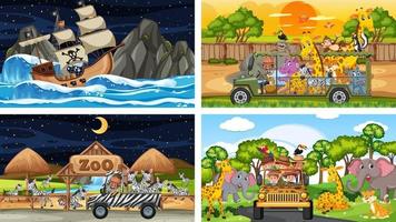 Set of different scenes with animals in the zoo and pirate ship at the sea vector