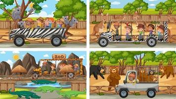 Four different zoo scenes with kids and animals vector