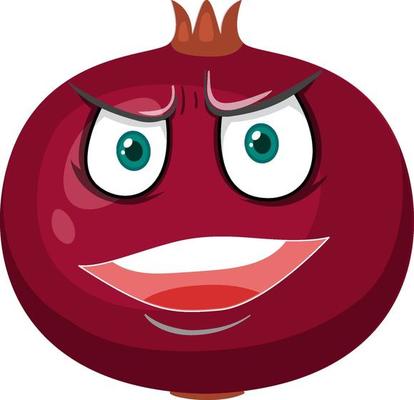 Pomegranate cartoon character with angry face expression on white background