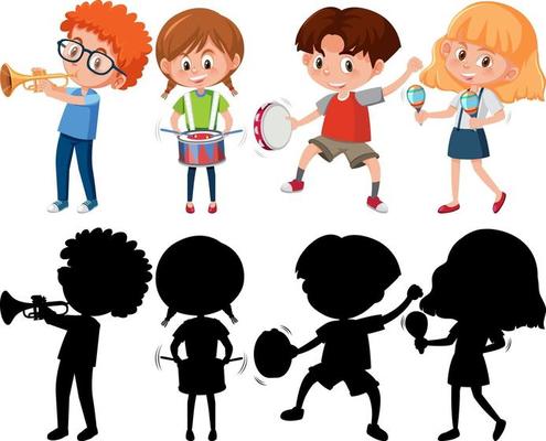 Set of different kids playing musical instruments with silhouette