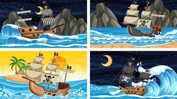 Set of Ocean with Pirate ship at different times scenes  in cartoon style vector