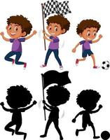 conjunto de un personaje de dibujos animados de niño en diferentes posiciones con su silueta vector