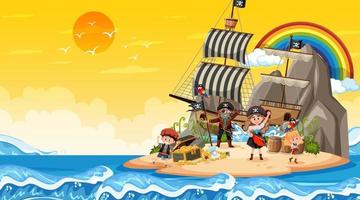 escena de la isla del tesoro al atardecer con niños piratas vector