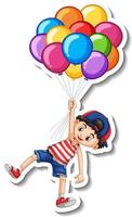 Sticker template with a boy flying with many balloons isolated vector