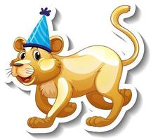 A sticker template with a female lion wearing party hat vector