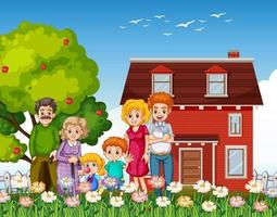 Happy family standing outside home in the garden vector