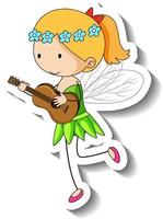 Sticker template with a fairy cartoon character playing a violin isolated vector