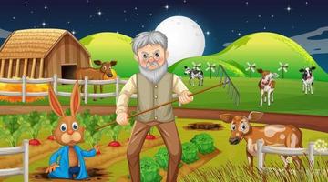 Farm at night scene with old farmer man and farm animals vector