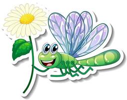 Sticker template with cartoon character of a dragonfly holding a flower isolated vector