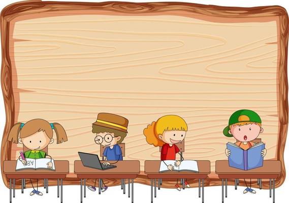 Empty wooden board with many kids doing their homework isolated