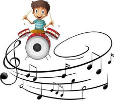 Cartoon character of a boy playing drum with musical melody symbols vector