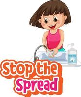 Stop the Spread font with a girl washing her hands with soap isolated on white background vector