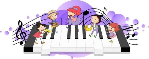 Electronic keyboard with many happy kids and melody symbols on purple splotch vector