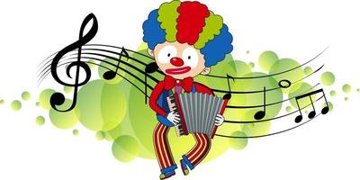 personaje de dibujos animados de un payaso toca el acordeón con símbolos de melodía musical vector