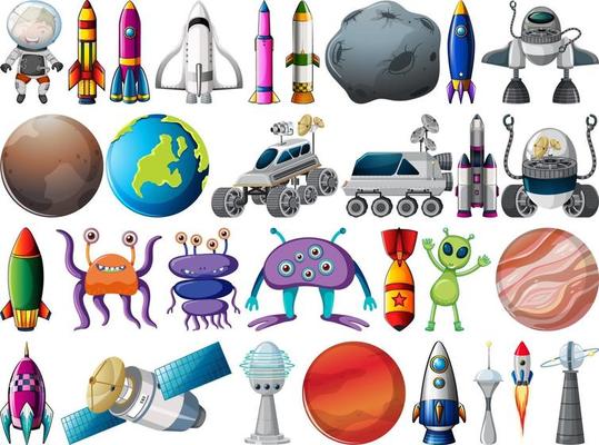 Set of space objects and elements isolated on white background