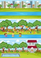 Set of different horizontal scenes background with doodle kids cartoon character vector