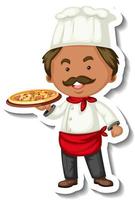 Plantilla de pegatina con un chef hombre sostiene la bandeja de pizza aislada vector