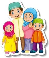 Sticker template with Muslim family cartoon character vector