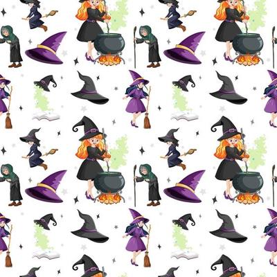 Seamless pattern with witches and elements