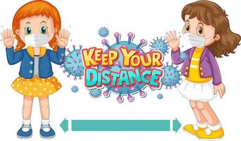 Keep Your Distance font design with two kids keeping social distance isolated on white background vector