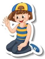 Sticker template with a happy girl wears cap cartoon character isolated vector