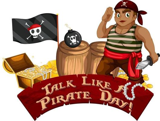 Talk Like A Pirate Day font banner with Pirate cartoon character