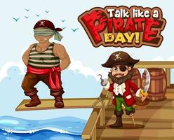 Talk Like A Pirate Day font banner with pirate cartoon character vector