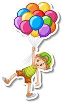 Sticker template with a boy holding many balloons isolated vector