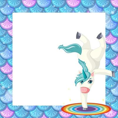 Blank blue fish scales frame template with cute unicorn cartoon character