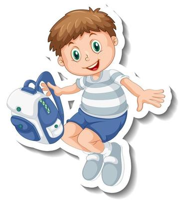 Sticker template with a student boy holding a backpack isolated