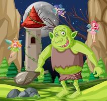 Night scene with goblin or troll cartoon character vector