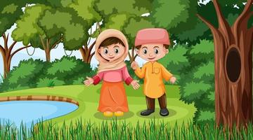 Muslim kids wears traditional clothes in the forest scene vector