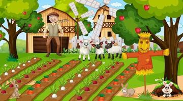 Farm scene at daytime with old farmer man and cute animals vector