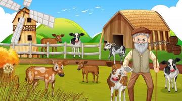 Farm at daytime scene with old farmer man and farm animals vector