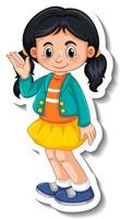 Sticker template with a girl in standing posing cartoon character isolated vector