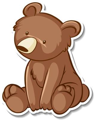 Sticker design with grizzly bear in sitting pose isolated