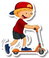 Sticker template with a boy riding a scooter cartoon character isolated vector