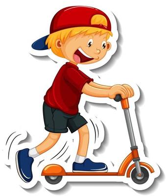 Sticker template with a boy riding a scooter cartoon character isolated